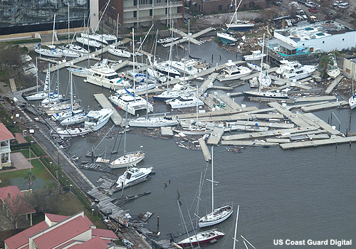 An Atlantic Coast marina in tatters after the passage of a hurricane. Photo courtesy of the U.S. Coast Guard.